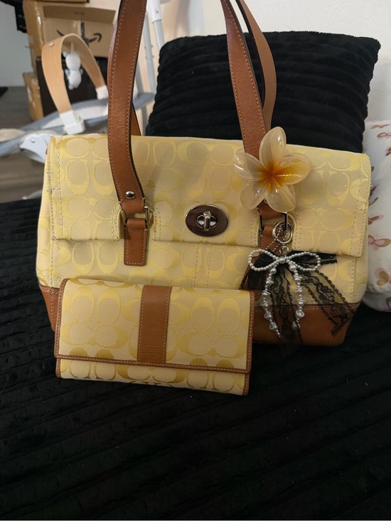 Coach Handbags - Coach Yellow Signature Canvas Shoulder Bag with Brown Leather Trim